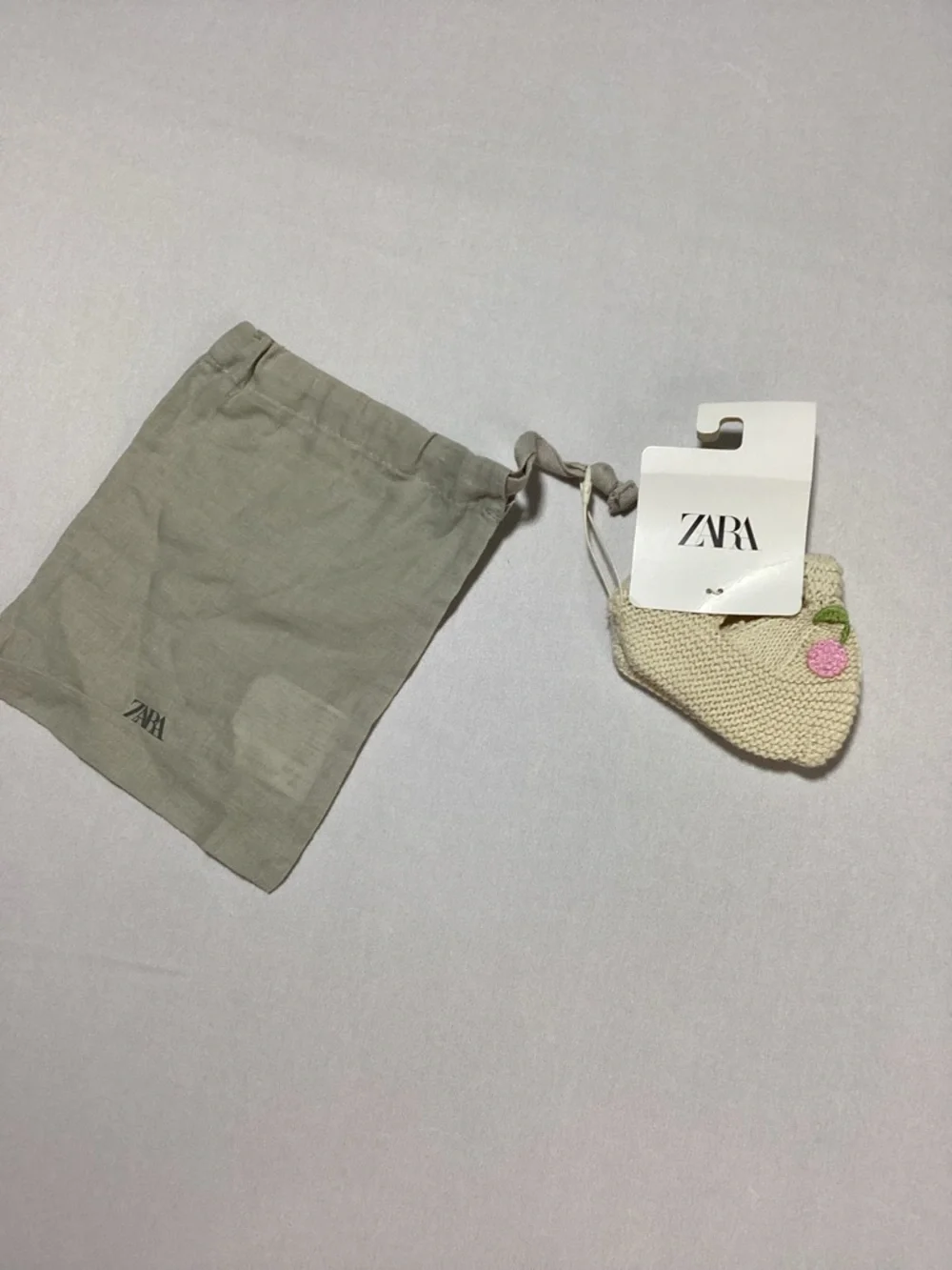 Zara Knit Baby Booties Cream with Pink Cherry Embroidery
